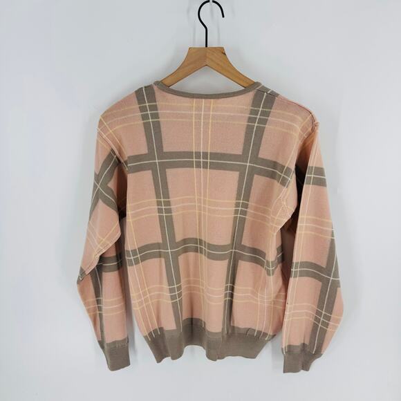 Vintage Talbots Plaid Crewneck Sweater Pink Taupe Wool Blend Size Medium - Picture 2 of 5